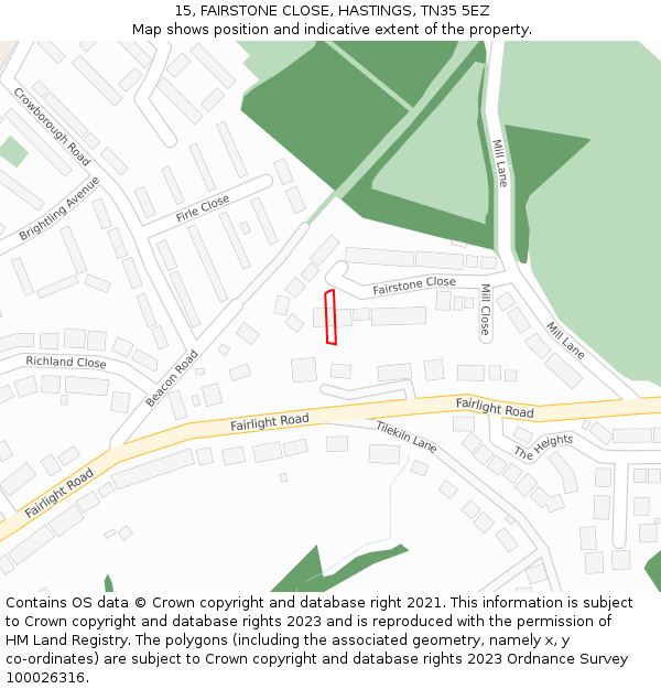 15, FAIRSTONE CLOSE, HASTINGS, TN35 5EZ: Location map and indicative extent of plot