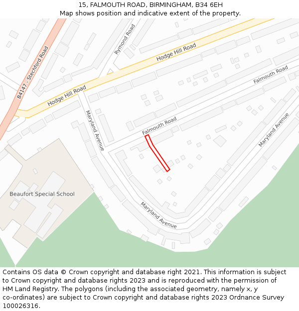 15, FALMOUTH ROAD, BIRMINGHAM, B34 6EH: Location map and indicative extent of plot