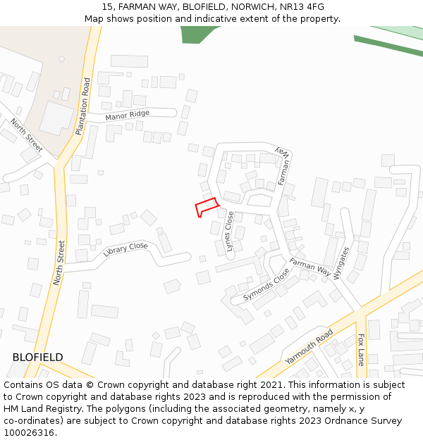 15, FARMAN WAY, BLOFIELD, NORWICH, NR13 4FG: Location map and indicative extent of plot