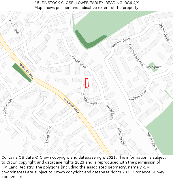 15, FINSTOCK CLOSE, LOWER EARLEY, READING, RG6 4JX: Location map and indicative extent of plot
