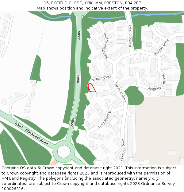 15, FIRFIELD CLOSE, KIRKHAM, PRESTON, PR4 2EB: Location map and indicative extent of plot