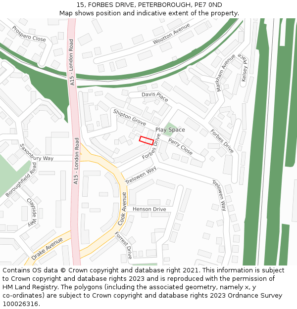 15, FORBES DRIVE, PETERBOROUGH, PE7 0ND: Location map and indicative extent of plot