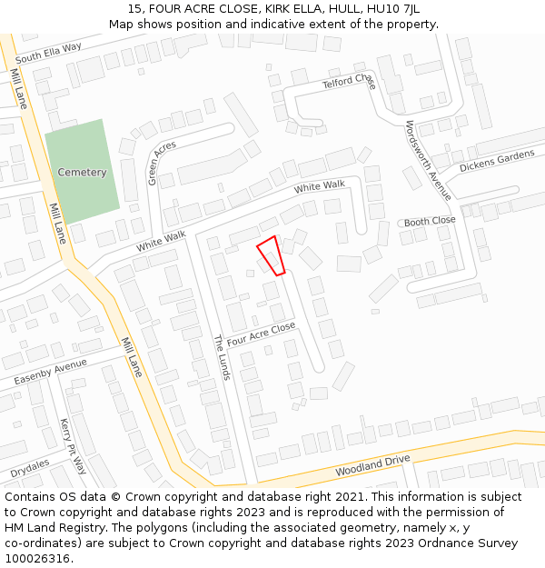 15, FOUR ACRE CLOSE, KIRK ELLA, HULL, HU10 7JL: Location map and indicative extent of plot