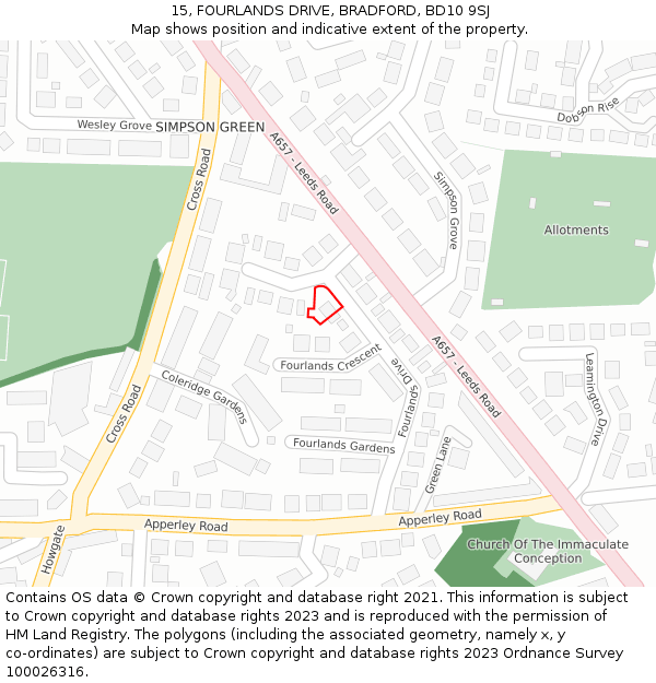 15, FOURLANDS DRIVE, BRADFORD, BD10 9SJ: Location map and indicative extent of plot