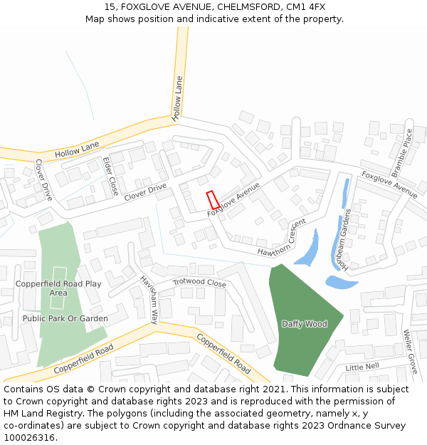 15, FOXGLOVE AVENUE, CHELMSFORD, CM1 4FX: Location map and indicative extent of plot