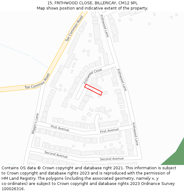 15, FRITHWOOD CLOSE, BILLERICAY, CM12 9PL: Location map and indicative extent of plot