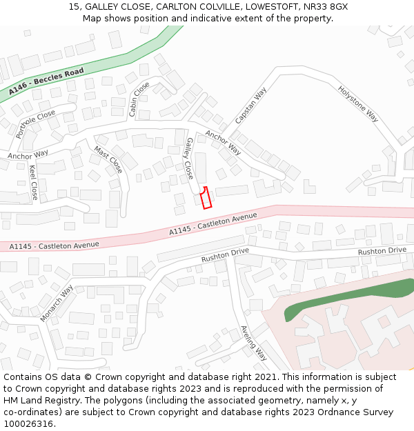 15, GALLEY CLOSE, CARLTON COLVILLE, LOWESTOFT, NR33 8GX: Location map and indicative extent of plot