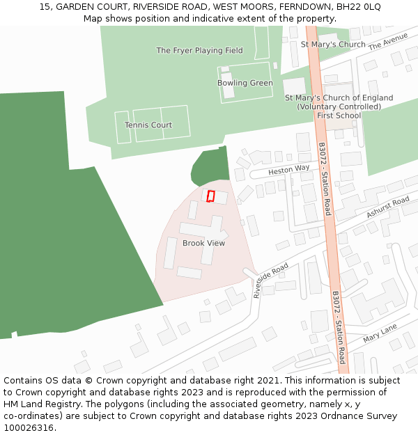15, GARDEN COURT, RIVERSIDE ROAD, WEST MOORS, FERNDOWN, BH22 0LQ: Location map and indicative extent of plot