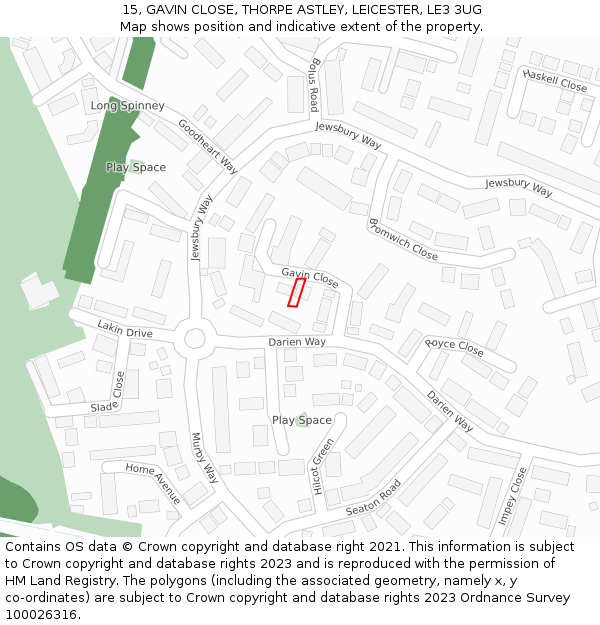 15, GAVIN CLOSE, THORPE ASTLEY, LEICESTER, LE3 3UG: Location map and indicative extent of plot
