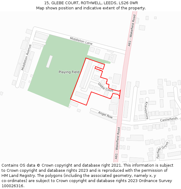 15, GLEBE COURT, ROTHWELL, LEEDS, LS26 0WR: Location map and indicative extent of plot