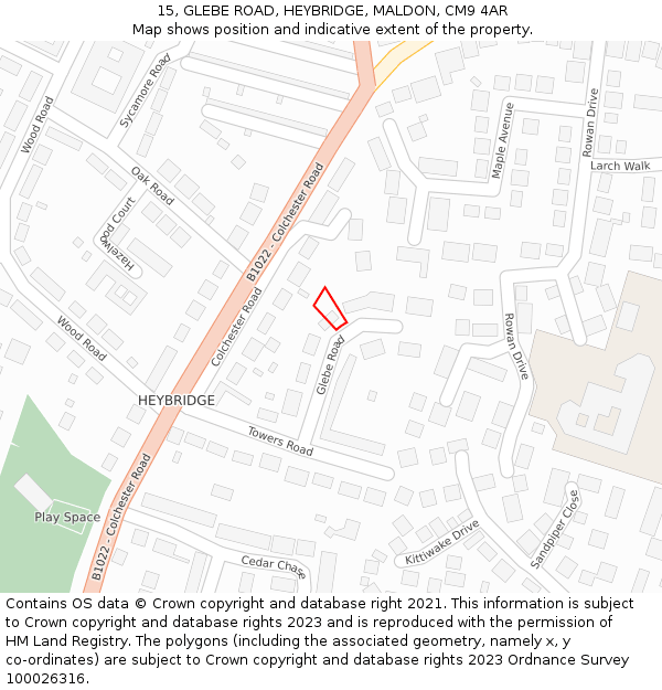 15, GLEBE ROAD, HEYBRIDGE, MALDON, CM9 4AR: Location map and indicative extent of plot
