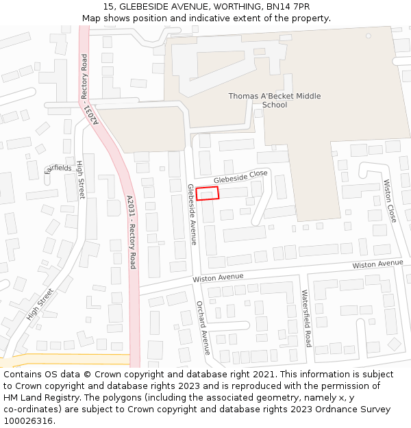 15, GLEBESIDE AVENUE, WORTHING, BN14 7PR: Location map and indicative extent of plot
