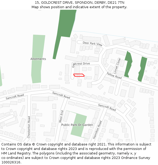 15, GOLDCREST DRIVE, SPONDON, DERBY, DE21 7TN: Location map and indicative extent of plot