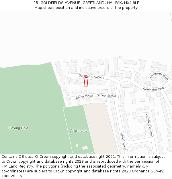 15, GOLDFIELDS AVENUE, GREETLAND, HALIFAX, HX4 8LE: Location map and indicative extent of plot