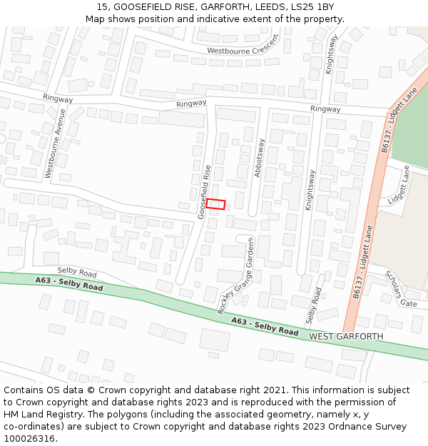 15, GOOSEFIELD RISE, GARFORTH, LEEDS, LS25 1BY: Location map and indicative extent of plot