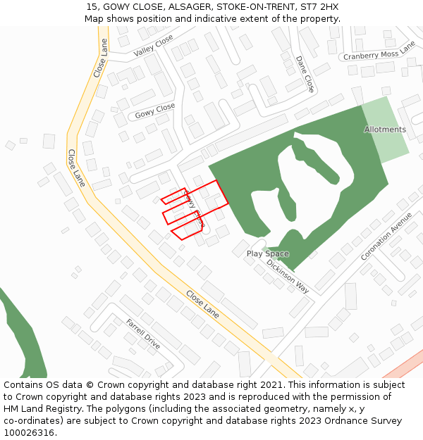 15, GOWY CLOSE, ALSAGER, STOKE-ON-TRENT, ST7 2HX: Location map and indicative extent of plot