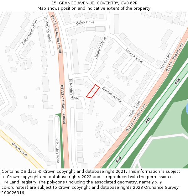 15, GRANGE AVENUE, COVENTRY, CV3 6PP: Location map and indicative extent of plot