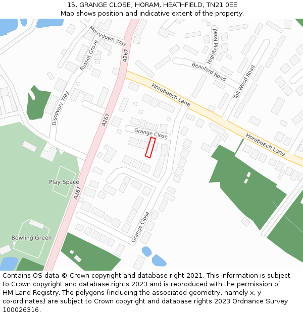 15, GRANGE CLOSE, HORAM, HEATHFIELD, TN21 0EE: Location map and indicative extent of plot
