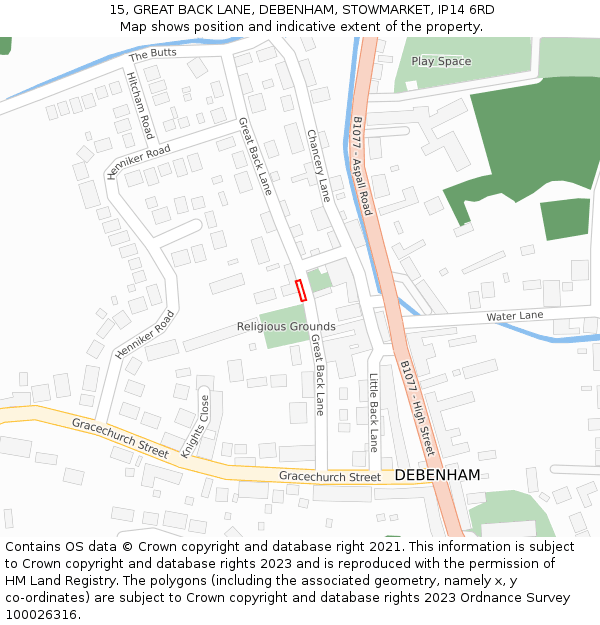 15, GREAT BACK LANE, DEBENHAM, STOWMARKET, IP14 6RD: Location map and indicative extent of plot