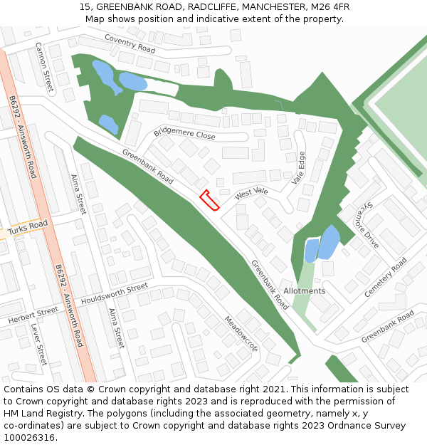 15, GREENBANK ROAD, RADCLIFFE, MANCHESTER, M26 4FR: Location map and indicative extent of plot