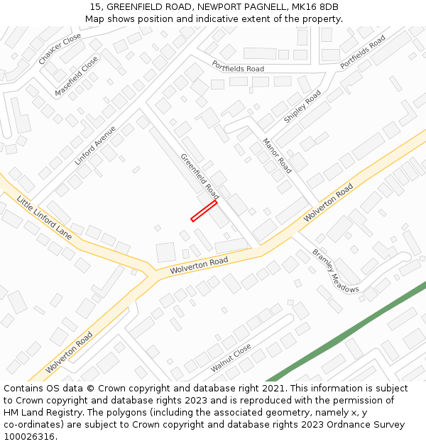 15, GREENFIELD ROAD, NEWPORT PAGNELL, MK16 8DB: Location map and indicative extent of plot