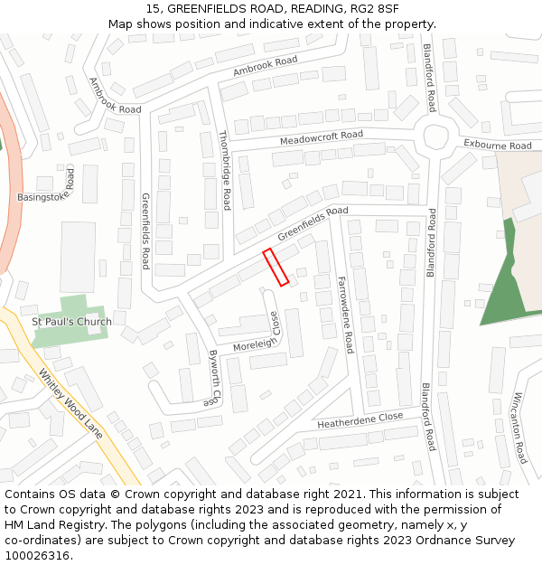 15, GREENFIELDS ROAD, READING, RG2 8SF: Location map and indicative extent of plot