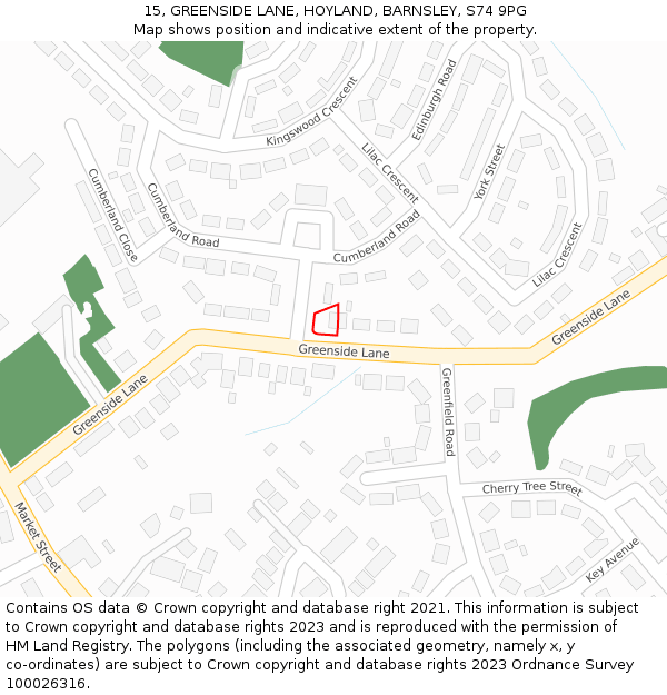 15, GREENSIDE LANE, HOYLAND, BARNSLEY, S74 9PG: Location map and indicative extent of plot