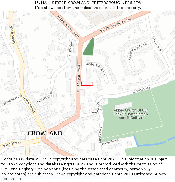 15, HALL STREET, CROWLAND, PETERBOROUGH, PE6 0EW: Location map and indicative extent of plot