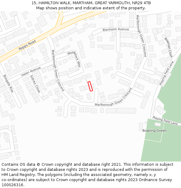 15, HAMILTON WALK, MARTHAM, GREAT YARMOUTH, NR29 4TB: Location map and indicative extent of plot
