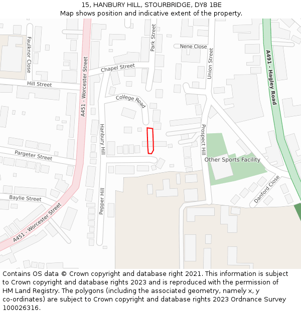 15, HANBURY HILL, STOURBRIDGE, DY8 1BE: Location map and indicative extent of plot