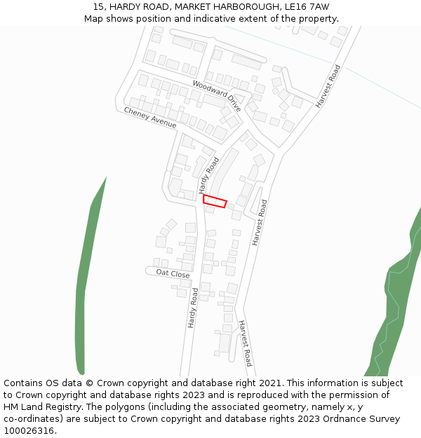 15, HARDY ROAD, MARKET HARBOROUGH, LE16 7AW: Location map and indicative extent of plot