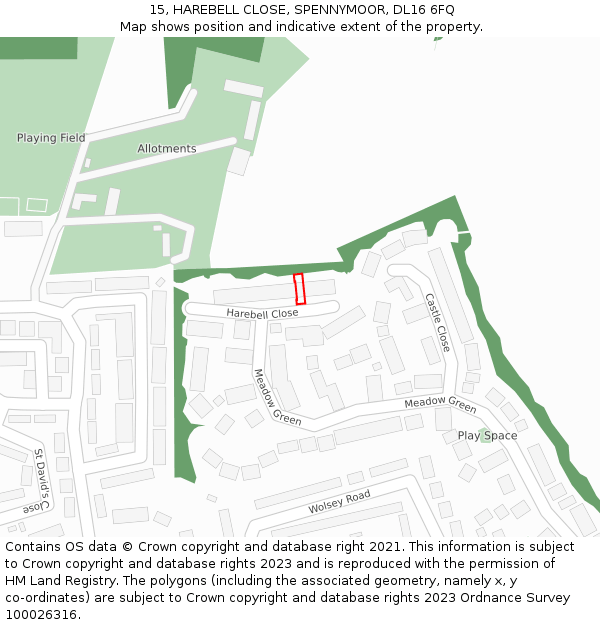 15, HAREBELL CLOSE, SPENNYMOOR, DL16 6FQ: Location map and indicative extent of plot