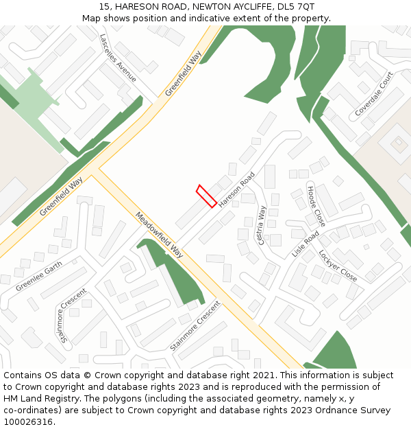 15, HARESON ROAD, NEWTON AYCLIFFE, DL5 7QT: Location map and indicative extent of plot