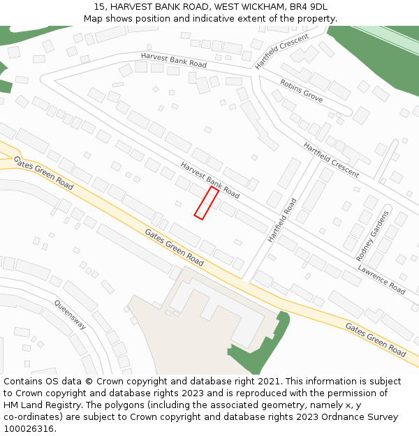 15, HARVEST BANK ROAD, WEST WICKHAM, BR4 9DL: Location map and indicative extent of plot