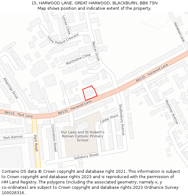 15, HARWOOD LANE, GREAT HARWOOD, BLACKBURN, BB6 7SN: Location map and indicative extent of plot