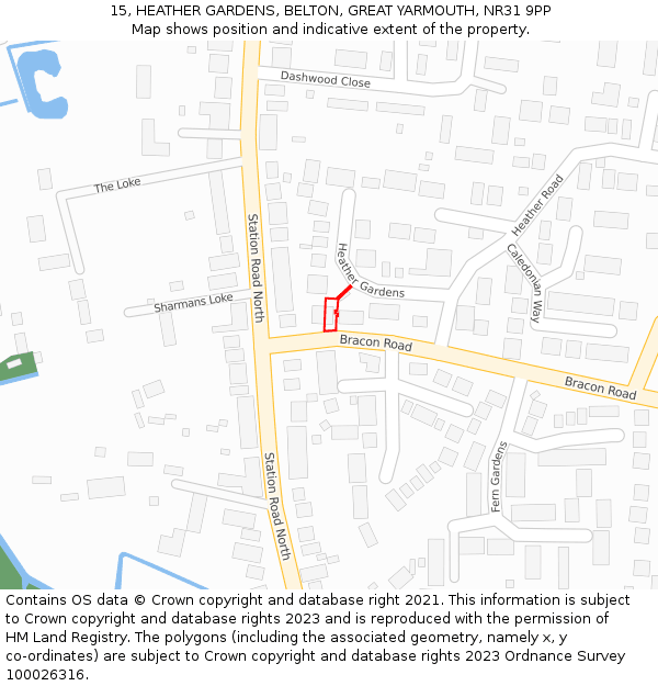 15, HEATHER GARDENS, BELTON, GREAT YARMOUTH, NR31 9PP: Location map and indicative extent of plot