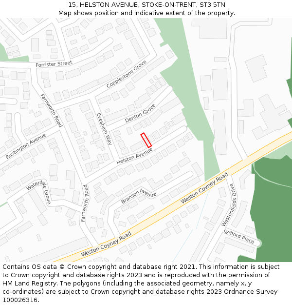 15, HELSTON AVENUE, STOKE-ON-TRENT, ST3 5TN: Location map and indicative extent of plot