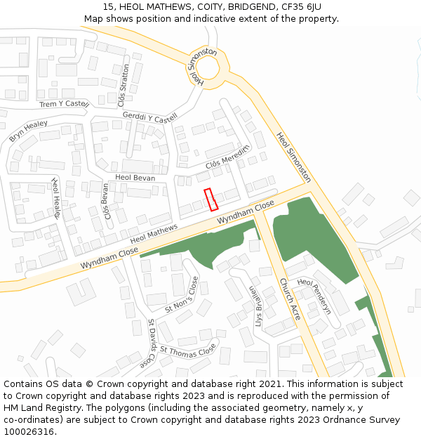 15, HEOL MATHEWS, COITY, BRIDGEND, CF35 6JU: Location map and indicative extent of plot