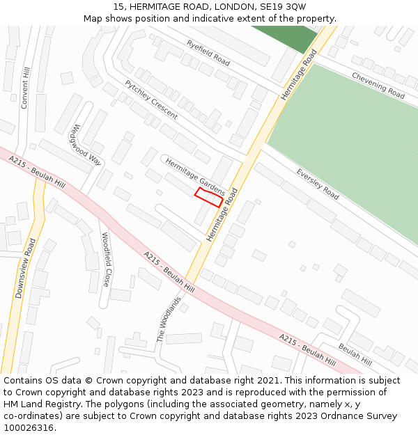 15, HERMITAGE ROAD, LONDON, SE19 3QW: Location map and indicative extent of plot