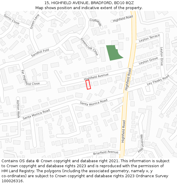 15, HIGHFIELD AVENUE, BRADFORD, BD10 8QZ: Location map and indicative extent of plot