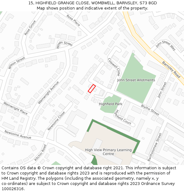 15, HIGHFIELD GRANGE CLOSE, WOMBWELL, BARNSLEY, S73 8GD: Location map and indicative extent of plot