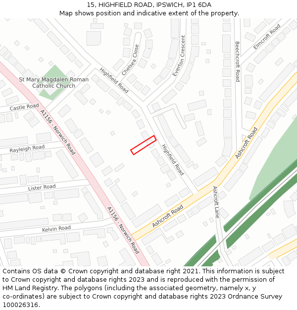 15, HIGHFIELD ROAD, IPSWICH, IP1 6DA: Location map and indicative extent of plot
