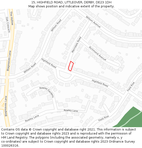 15, HIGHFIELD ROAD, LITTLEOVER, DERBY, DE23 1DH: Location map and indicative extent of plot