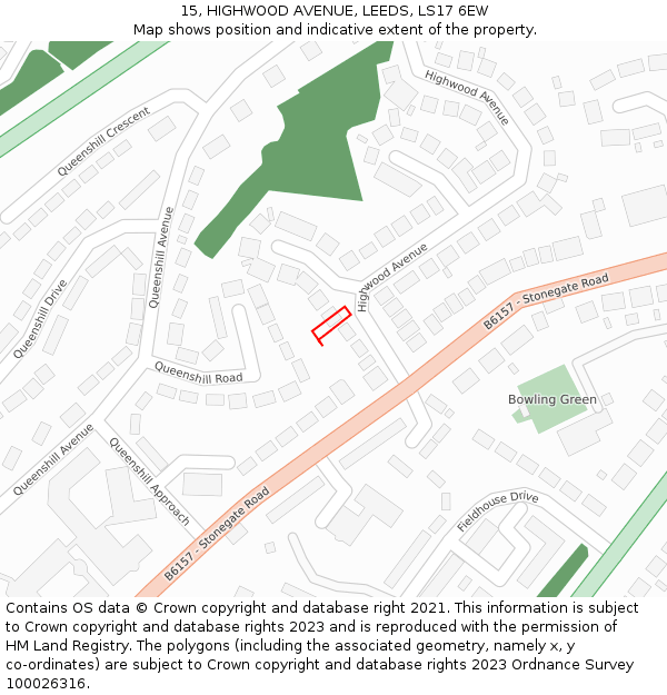 15, HIGHWOOD AVENUE, LEEDS, LS17 6EW: Location map and indicative extent of plot