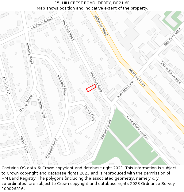 15, HILLCREST ROAD, DERBY, DE21 6FJ: Location map and indicative extent of plot