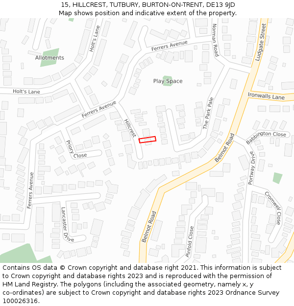 15, HILLCREST, TUTBURY, BURTON-ON-TRENT, DE13 9JD: Location map and indicative extent of plot