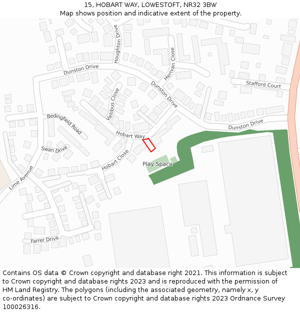 15, HOBART WAY, LOWESTOFT, NR32 3BW: Location map and indicative extent of plot
