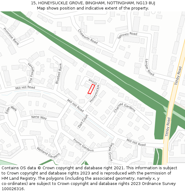15, HONEYSUCKLE GROVE, BINGHAM, NOTTINGHAM, NG13 8UJ: Location map and indicative extent of plot