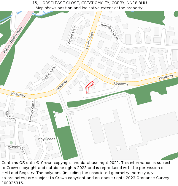 15, HORSELEASE CLOSE, GREAT OAKLEY, CORBY, NN18 8HU: Location map and indicative extent of plot