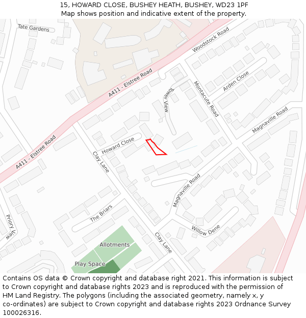 15, HOWARD CLOSE, BUSHEY HEATH, BUSHEY, WD23 1PF: Location map and indicative extent of plot